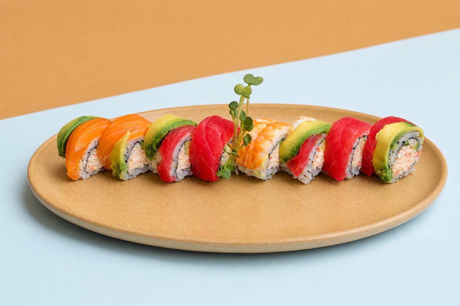 Rainbow roll on a warm kraft-tan plate over soft powder-blue and kraft color blocks — wrapped with care, ready to travel.