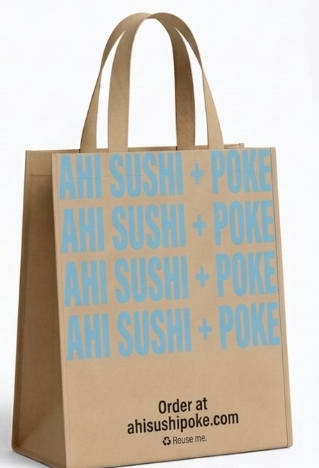 Back of the tote printed with "Order at ahisushipoke.com — reuse me"