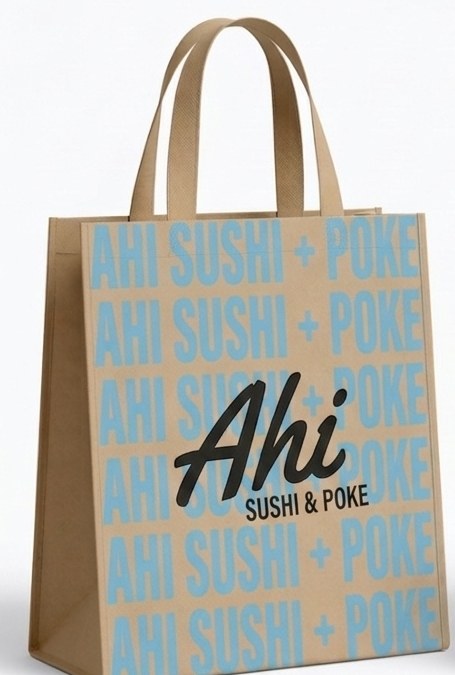 Honey-kraft reusable tote printed with Ahi Sushi & Poke lettering